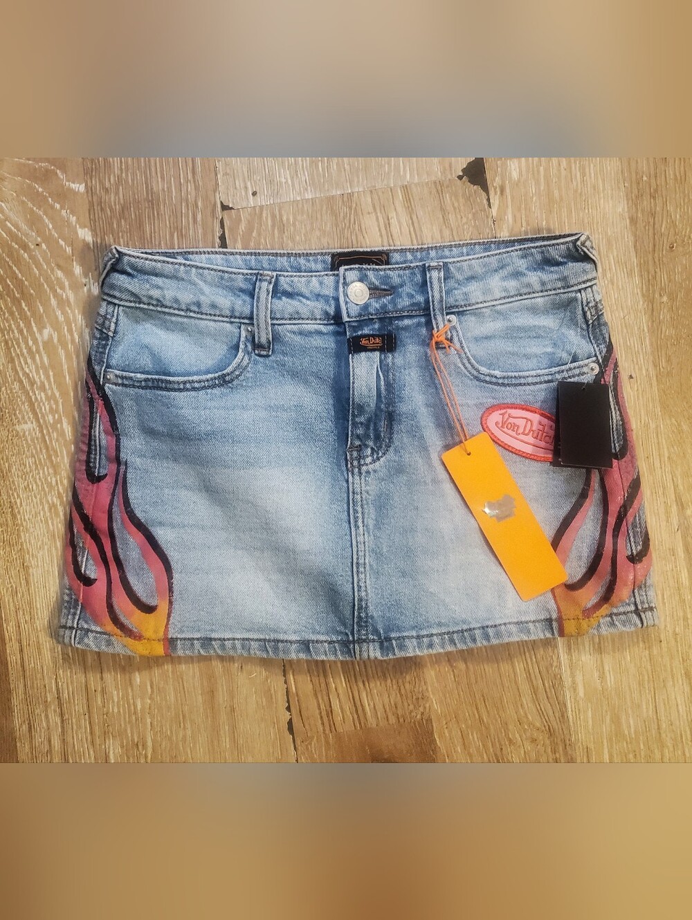 Von Dutch Light Wash Denim Mini Skirt with Pink Flame Detail